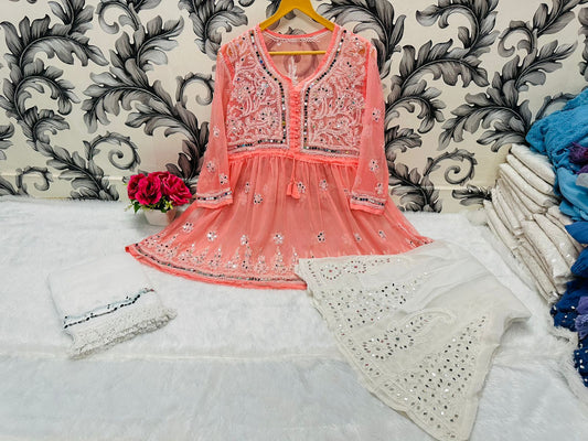 Peach Glimmering Georgette Mirror Work Short Gown, Dupatta, and Sharara Full Combo Set (INNER INCLUDED)