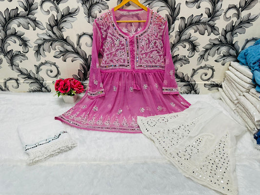 Pink Glimmering Georgette Mirror Work Short Gown, Dupatta, and Sharara Full Combo Set (INNER INCLUDED)