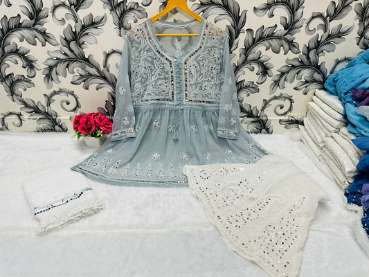 Grey Glimmering Georgette Mirror Work Short Gown, Dupatta, and Sharara Full Combo Set (INNER INCLUDED)