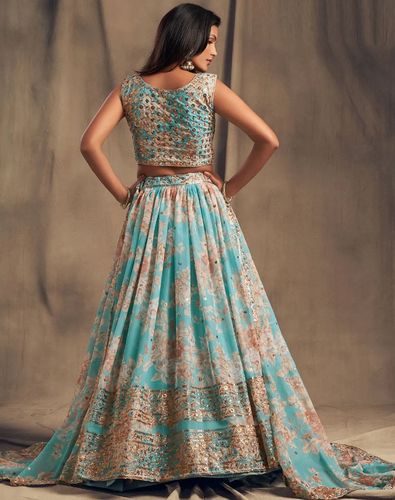 Organza Silk Engagement Lehenga in Blue with Floral work-1756304