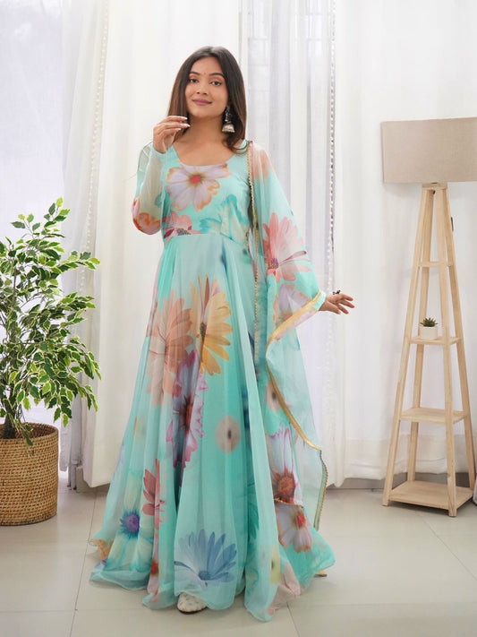 Aqua Green 🌟 Opulent Organza Silk Gown with Digital Print and Handwork 🌟