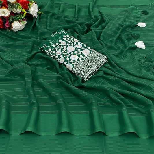 Green Zari Striped Chiffon Saree With Tassels