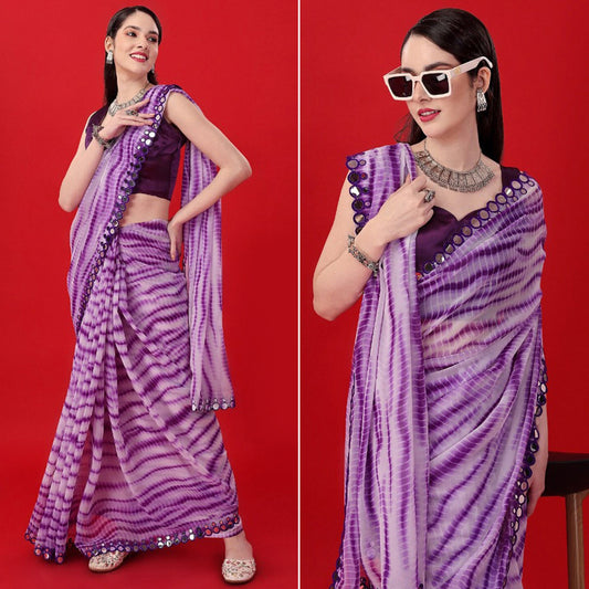 Purple Printed With Embroidered Border Georgette Saree