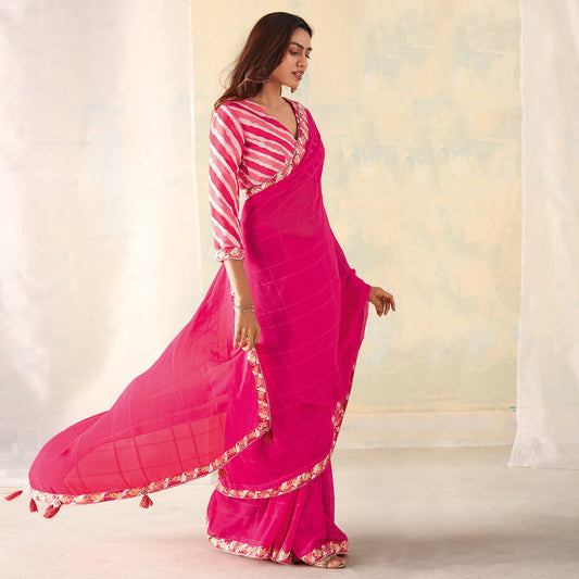 Pink Printed With Gota Patti Border Georgette Saree With Tassels