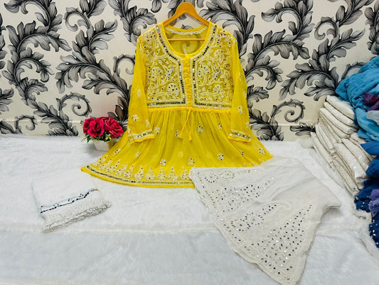 Yellow Glimmering Georgette Mirror Work Short Gown, Dupatta, and Sharara Full Combo Set (INNER INCLUDED)