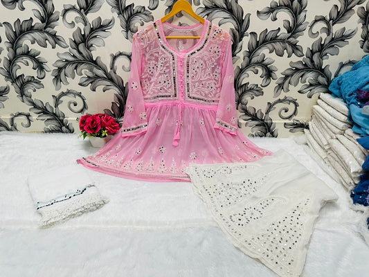 Light Pink Glimmering Georgette Mirror Work Short Gown, Dupatta, and Sharara Full Combo Set (INNER INCLUDED)