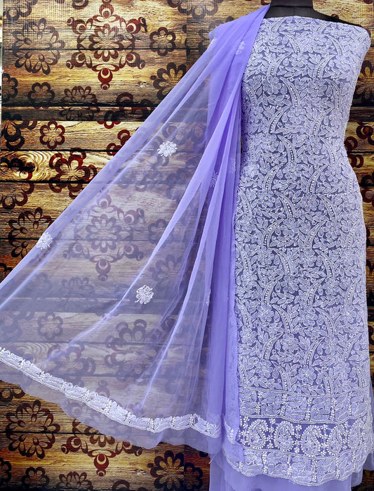 Lavender Purple Chiffon Georgette 3-Pc Suit with Intricate Handwork Embroidery All Over Kurta Latest Online