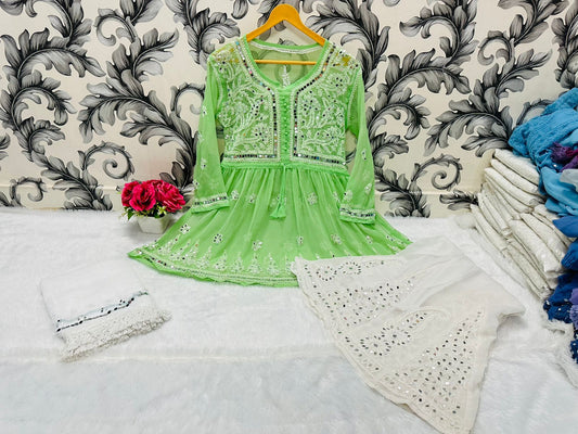 Mint Green Glimmering Georgette Mirror Work Short Gown, Dupatta, and Sharara Full Combo Set (INNER INCLUDED)