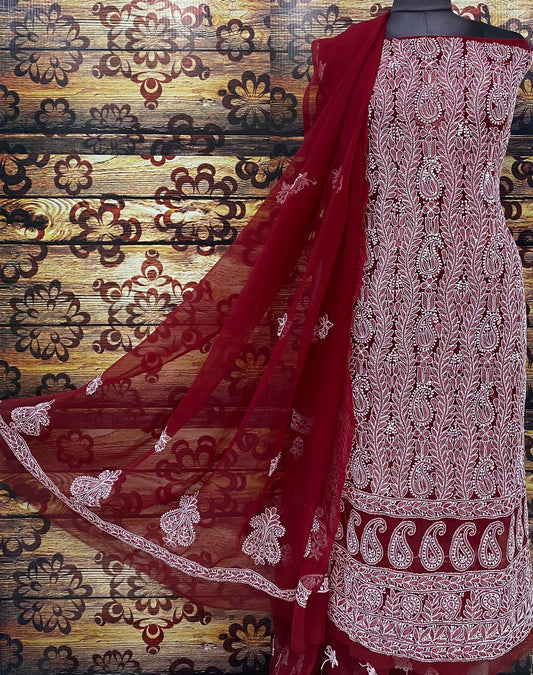 Maroon Chiffon Georgette 3-Pc Suit with Intricate Handwork Embroidery All Over Kurta Latest Online