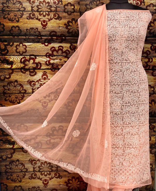 Peach Chiffon Georgette 3-Pc Suit with Intricate Handwork Embroidery All Over Kurta Latest Online