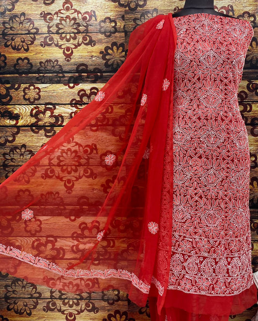 Red Chiffon Georgette 3-Pc Suit with Intricate Handwork Embroidery All Over Kurta Latest Online