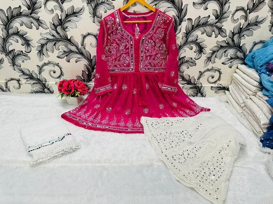 Bright Pink Glimmering Georgette Mirror Work Short Gown, Dupatta, and Sharara Full Combo Set (INNER INCLUDED)