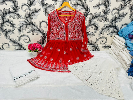 Red Glimmering Georgette Mirror Work Short Gown, Dupatta, and Sharara Full Combo Set (INNER INCLUDED)