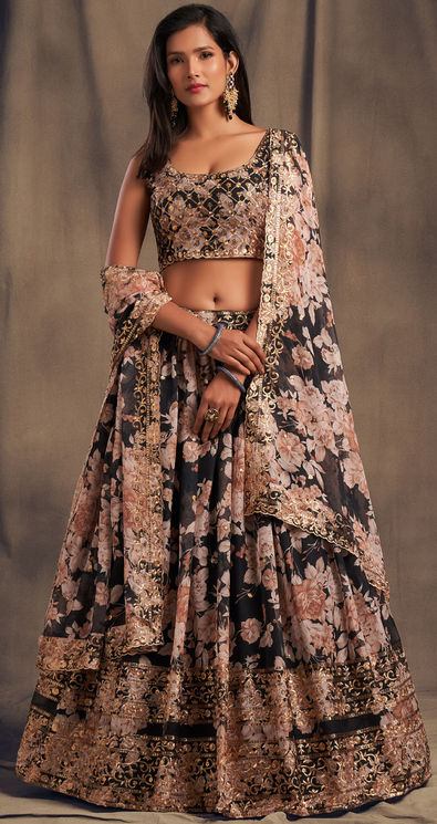 Silk Wedding Lehenga in Black and Grey with Sequence work-1756298