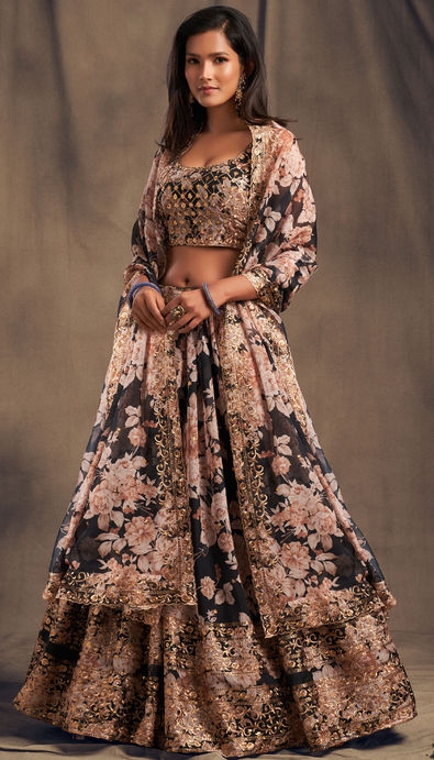 Silk Wedding Lehenga in Black and Grey with Sequence work-1756298