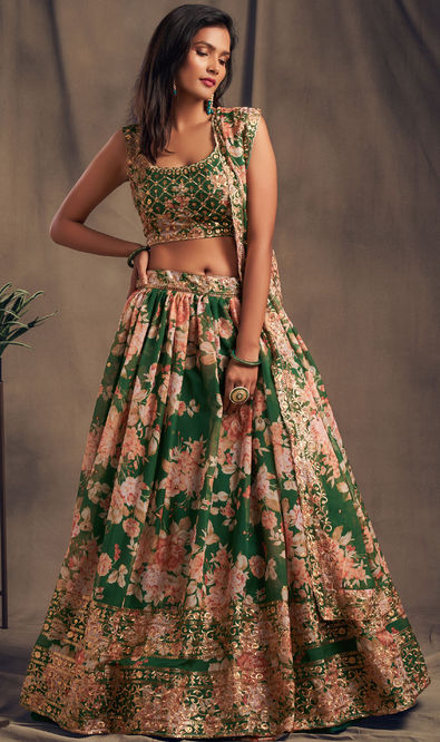 Organza Silk Engagement Lehenga in Green with Floral work-1756300