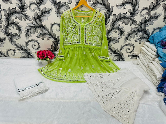 Parrot Green Glimmering Georgette Mirror Work Short Gown, Dupatta, and Sharara Full Combo Set (INNER INCLUDED)