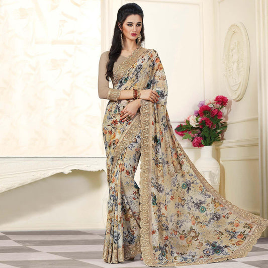 Adorable Light Brown Colored Partywear Printed Georgette Saree