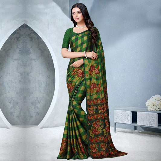 Adorning Green Colored Partywear Checkered Printed Chiffon Saree