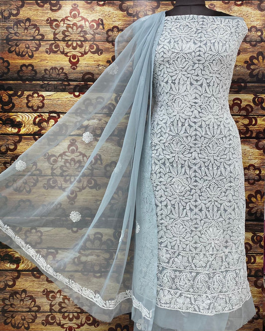 Grey Chiffon Georgette 3-Pc Suit with Intricate Handwork Embroidery All Over Kurta Latest Online