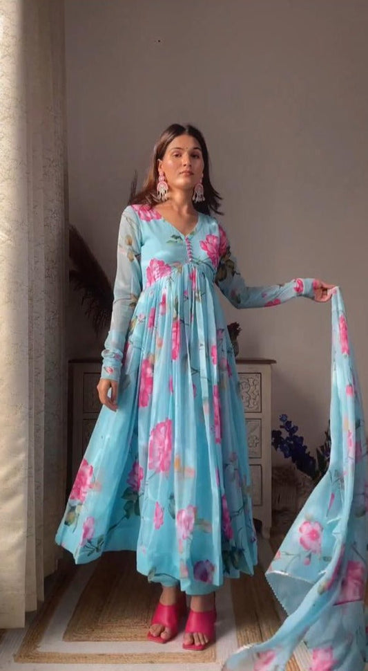 Aqua Blue ✨ Elegant Georgette Digital Print Gown with Dupatta and Pant ✨