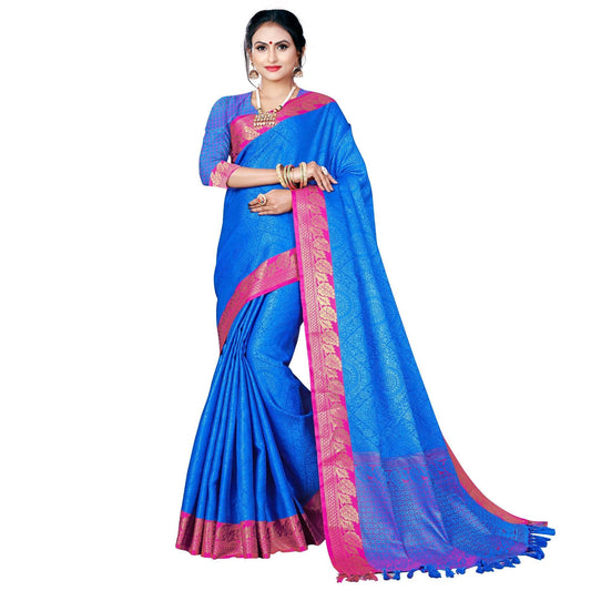 Blooming Blue Colored Festive Wear Woven Banarasi Silk Saree