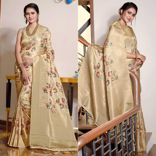Cream Digital Printed With Woven Art Silk Saree With Tassels