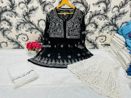Black Glimmering Georgette Mirror Work Short Gown, Dupatta, and Sharara Full Combo Set (INNER INCLUDED)