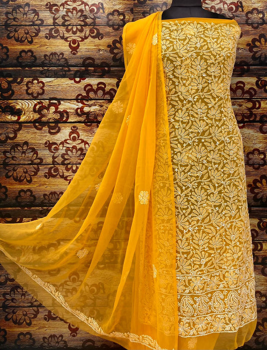 Yellow Chiffon Georgette 3-Pc Suit with Intricate Handwork Embroidery All Over Kurta Latest Online