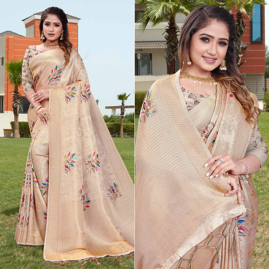 Peach Digital Printed With Woven Art Silk Saree With Tassels