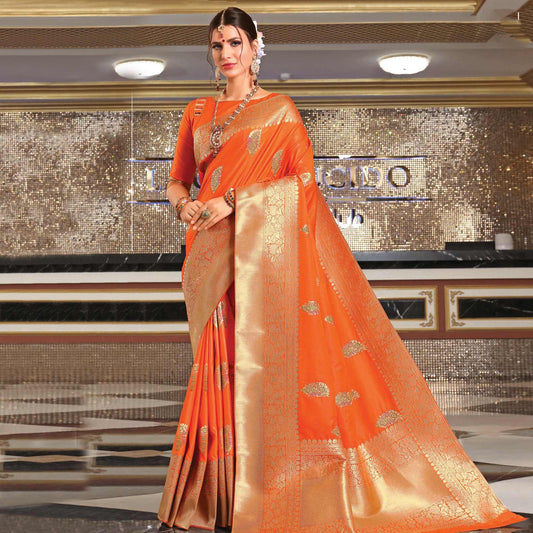 Radiant Orange Colored Festive Wear Woven Banarasi Silk Saree