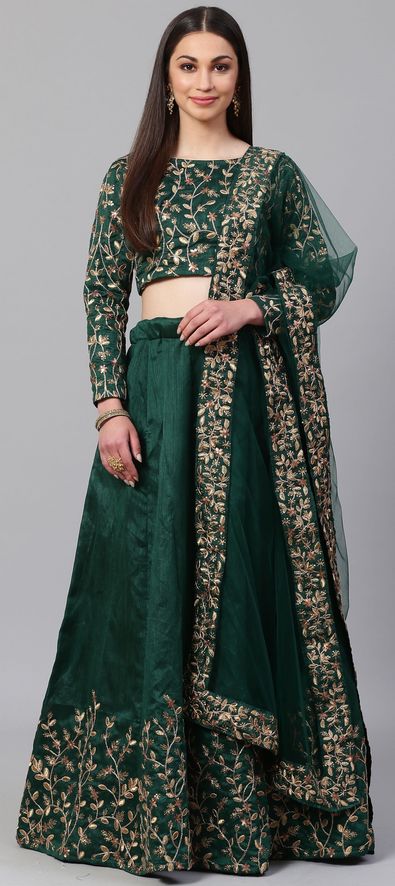 Velvet Mehendi Sangeet Lehenga in Green with Embroidered work-1503421
