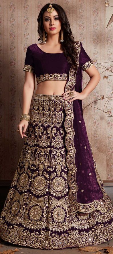 Semi Velvet Mehendi Sangeet Lehenga in Purple and Violet with Thread work-1514712