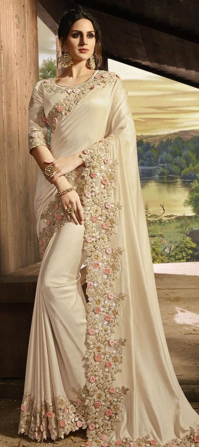 Silk Bollywood Saree in Beige and Brown with Zari Work-1569319
