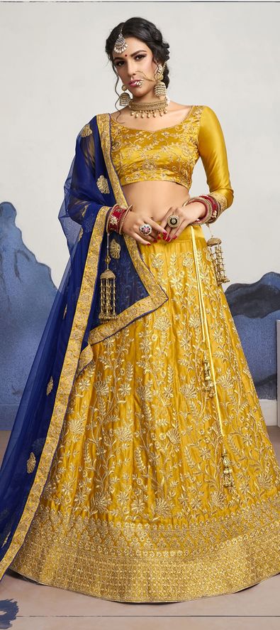 Satin Silk Engagement Lehenga in Yellow with Embroidered work-1579231