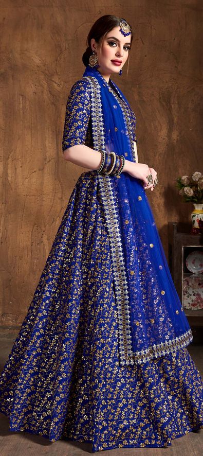 Raw Silk Engagement Lehenga in Blue with Embroidered work-1623464