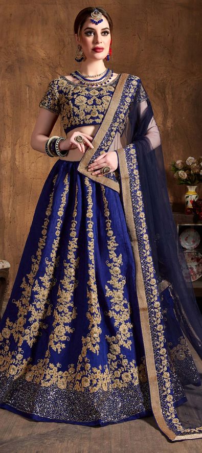 Raw Silk Mehendi Sangeet Lehenga in Blue with Sequence work-1623474
