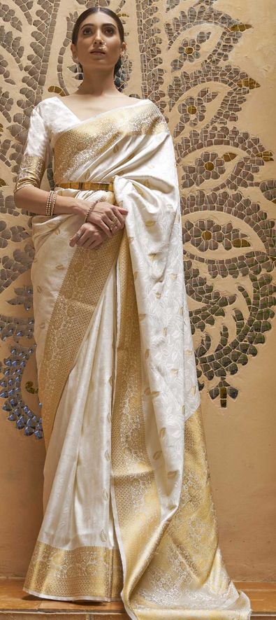 Kanchipuram Silk Traditional Saree in White and Off White with Weaving Work-1746558