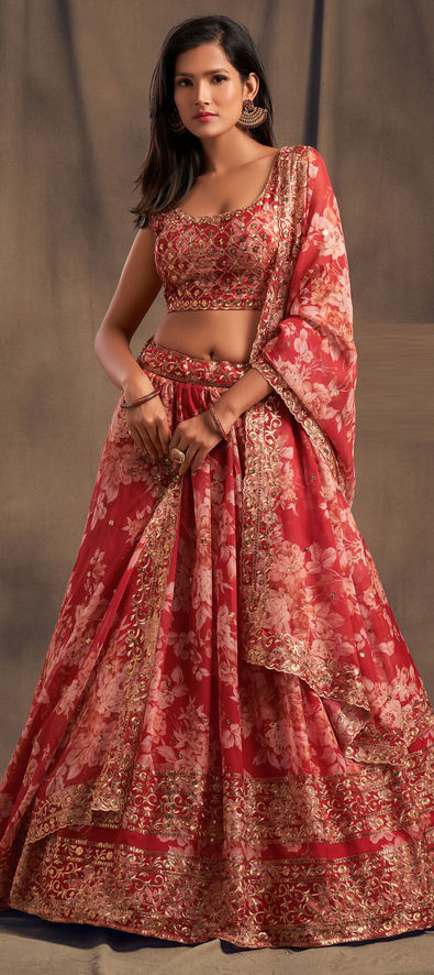 Organza Silk Festive Lehenga in Red and Maroon with Sequence work-1756302