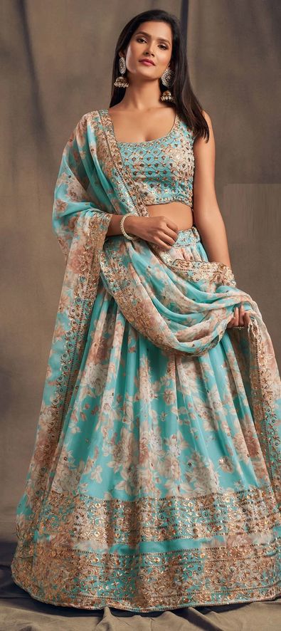 Organza Silk Engagement Lehenga in Blue with Floral work-1756304