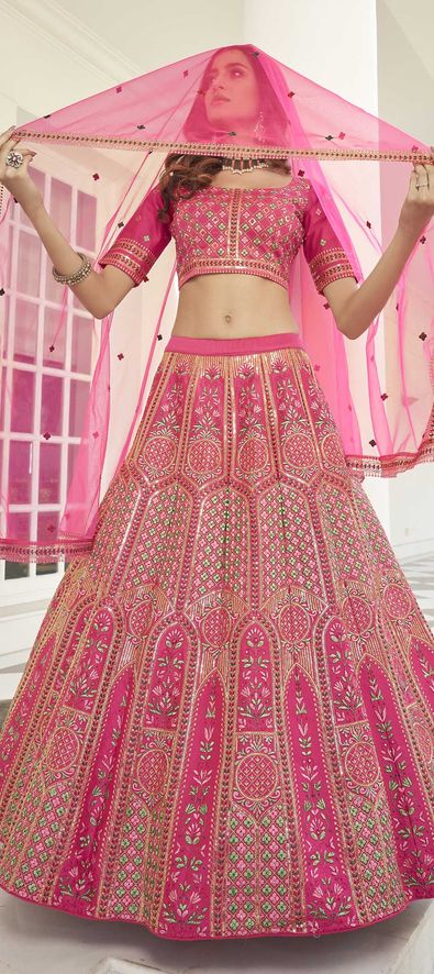 Silk Bridal Lehenga in Pink and Majenta with Embroidered work-1787782