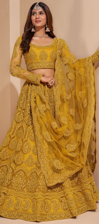 Net Bridal Lehenga in Yellow with Embroidered work-1792115