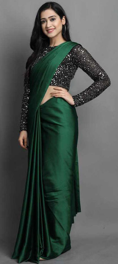 Satin Silk Bollywood Saree in Green with Sequence Work-1796755