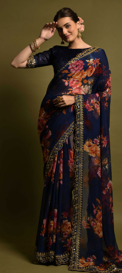 Georgette Casual Saree in Blue with Embroidered Work-1811516