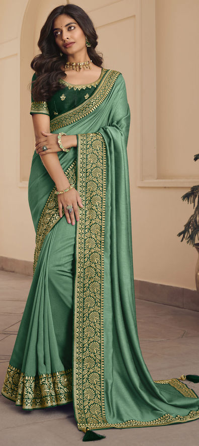 Art Silk Traditional Saree in Green with Embroidered Work-1812389