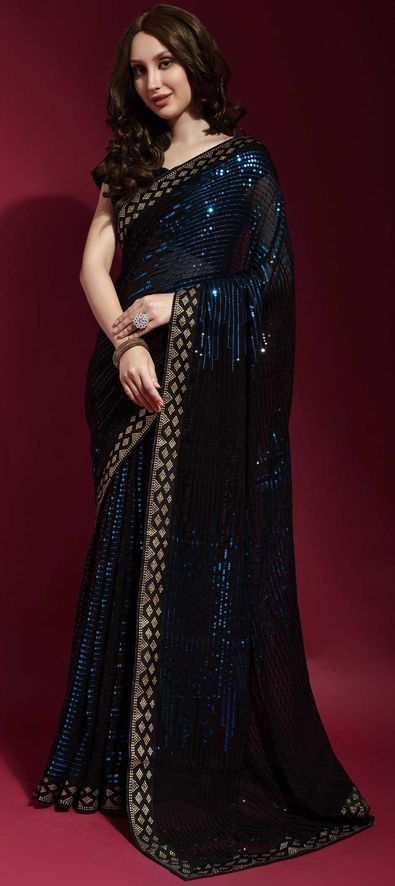 Georgette Festive Saree in Black and Grey with Sequence Work-1816821