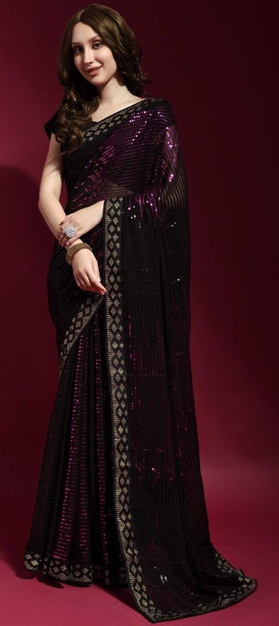 Georgette Festive Saree in Black and Grey with Sequence Work-1816823