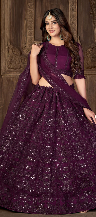 Net Party Wear Lehenga in Purple and Violet with Thread work-1821521