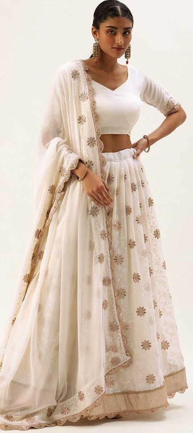 Georgette Reception Lehenga in White and Off White with Thread work-1824471