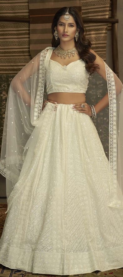 Georgette Mehendi Sangeet Lehenga in White and Off White with Sequence work-1827235